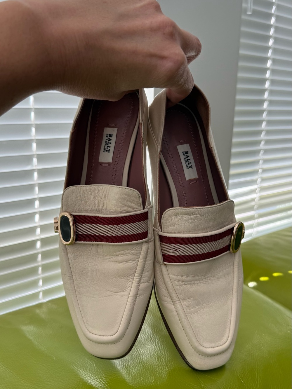Bally Cream Leather Loafers with Red Stripe and Gold Buckle